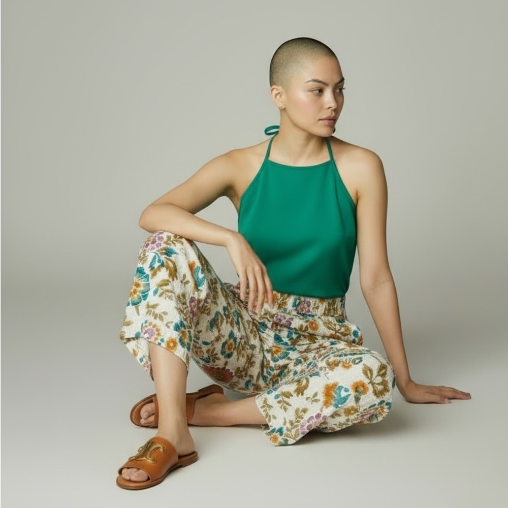Christian Siriano White Floral Linen Wide Leg Pants with Teal & Pink Accents